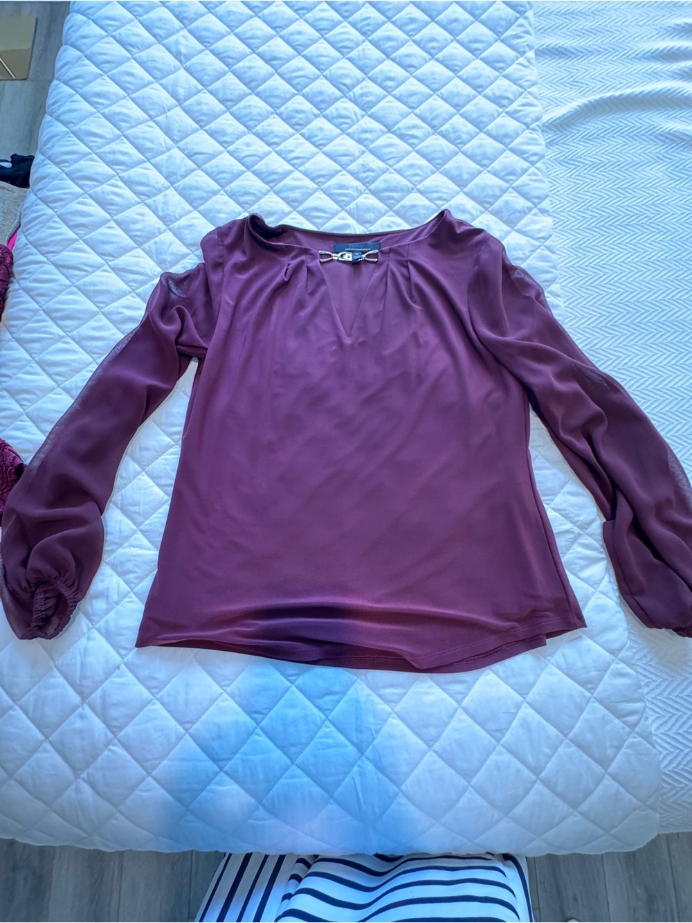 White House Black Market Plum Long-Sleeve Keyhole Blouse